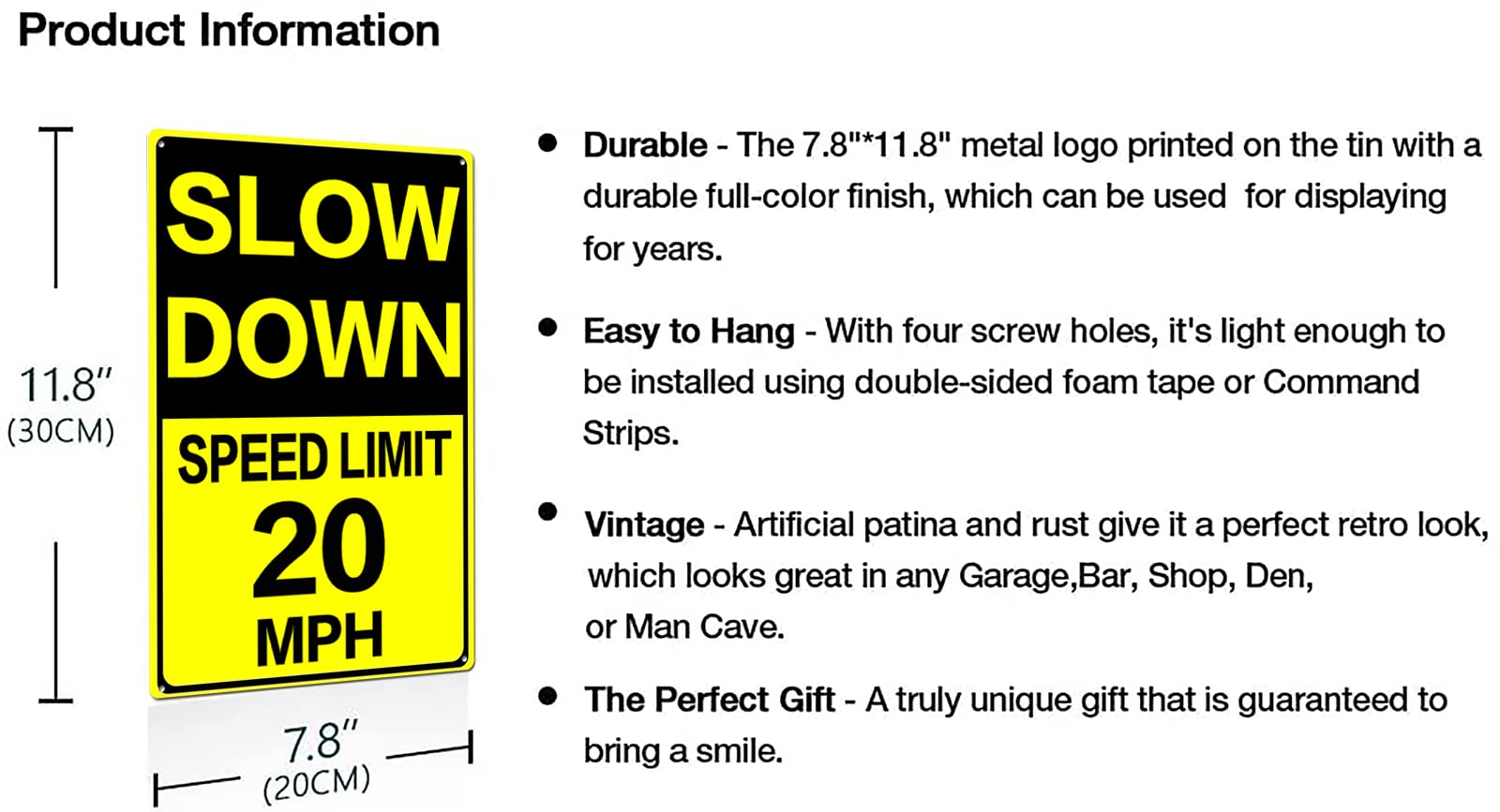 Slow Down Speed Limit 20 MPH Metal Sign, 8 x 12 Inches