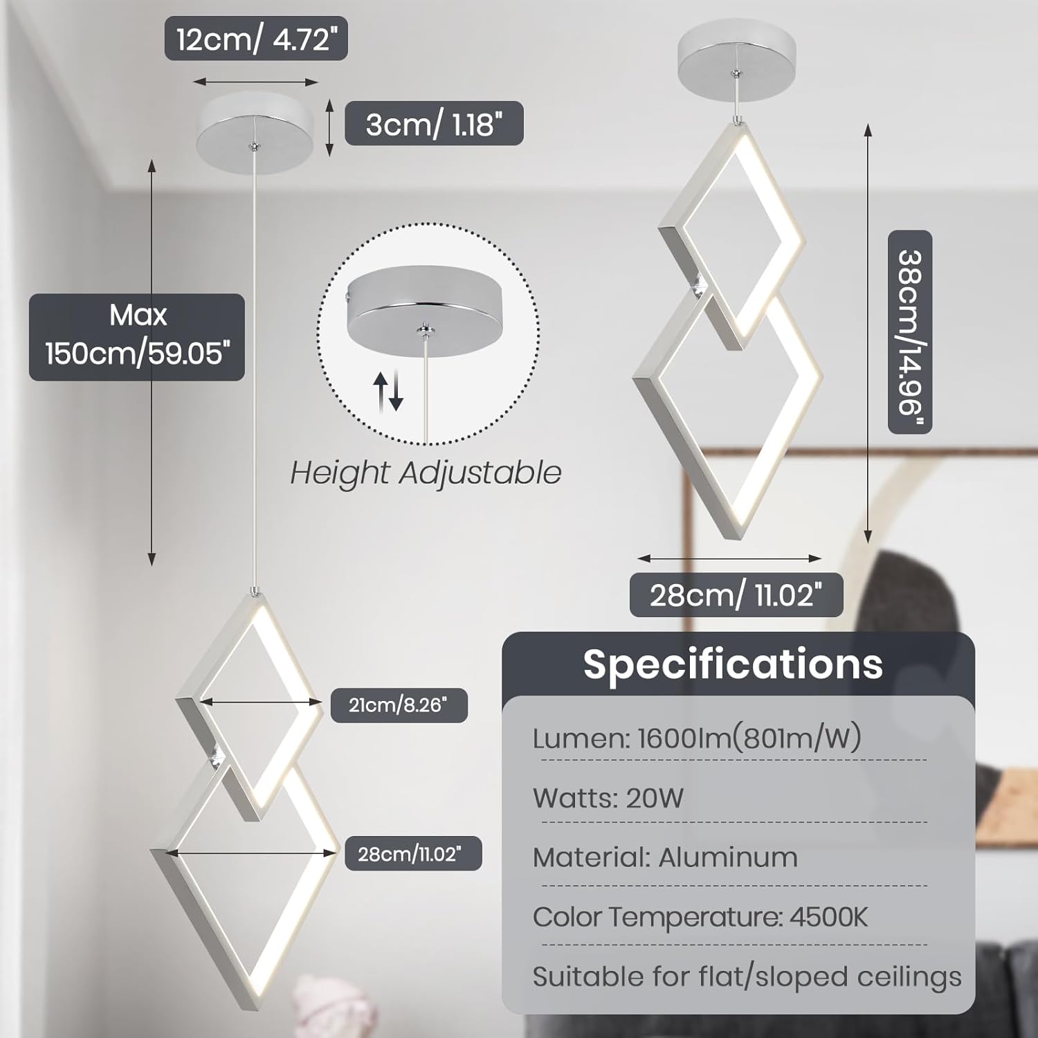 Led Pendant Light Fixtures, 4500K Daylight White Modern Pendant Light, Adjustable Height Chrome Kitchen Island Fixtures, Chandelier Hanging Light Fixture for Dining Room Kitchen Sink Bedroom, 1 Pack