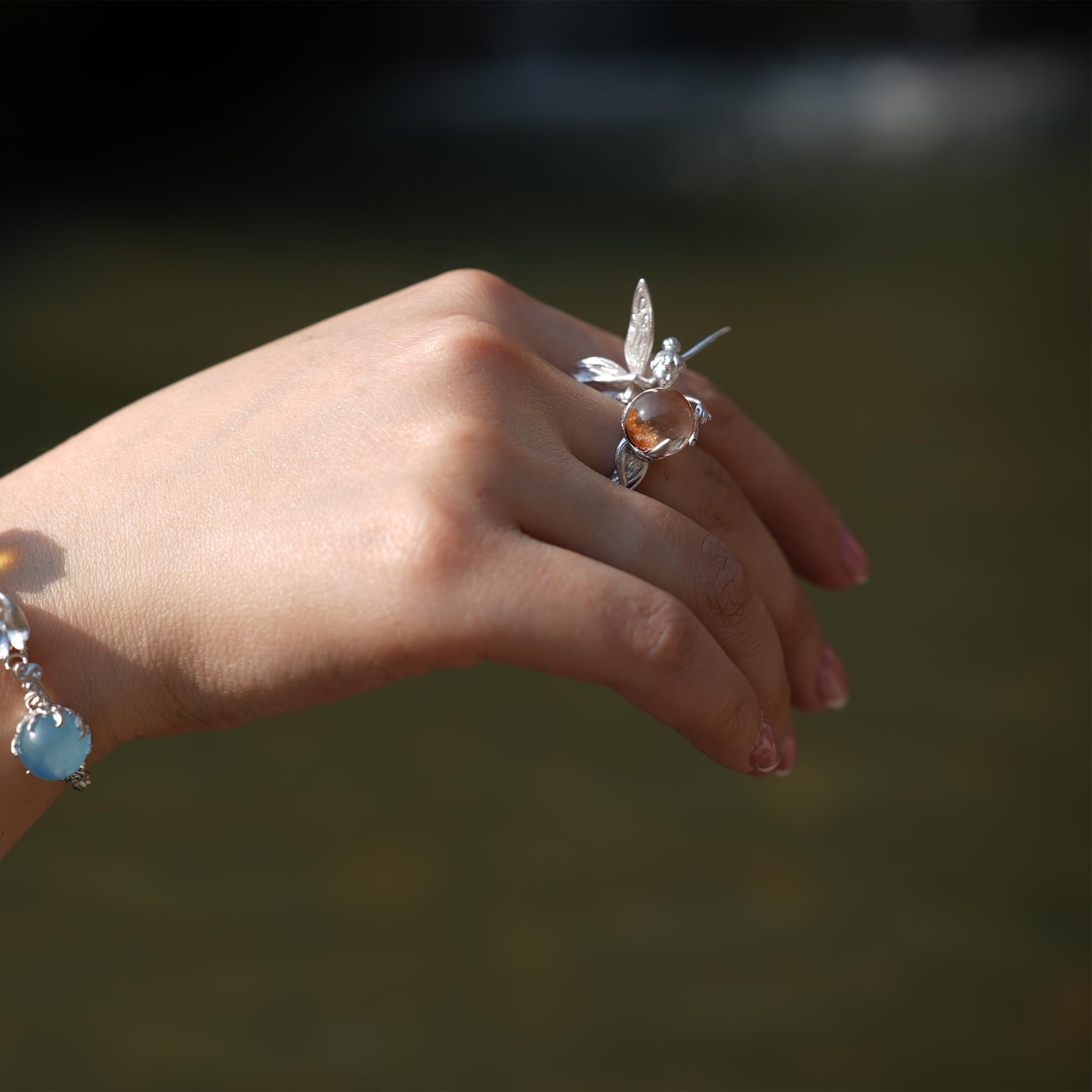 Generisch Anello realizzato a mano in argento 925 con sfera di quarzo fantasma naturale (trasparente con inclusioni), motivo elfo, fantasia, fiaba