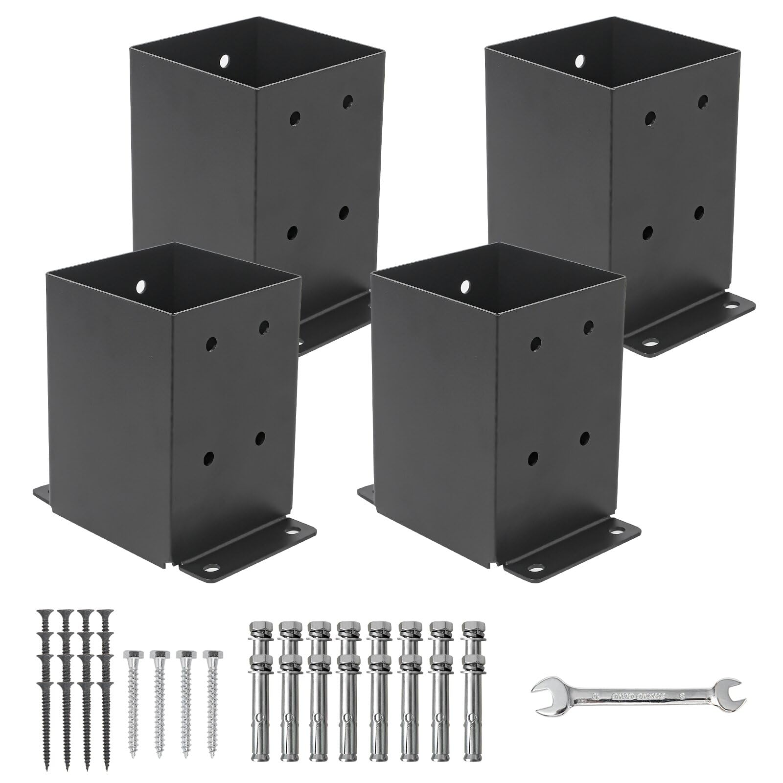 4x4 Post Base 4 Pcs,（Inner Size3.5"x3.5"） Wood Fence Pergola Post Bracket, Black Powder Coated Post Anchor,Deck Post Base Support Base Plate Pergola Brackets Fence Kit…