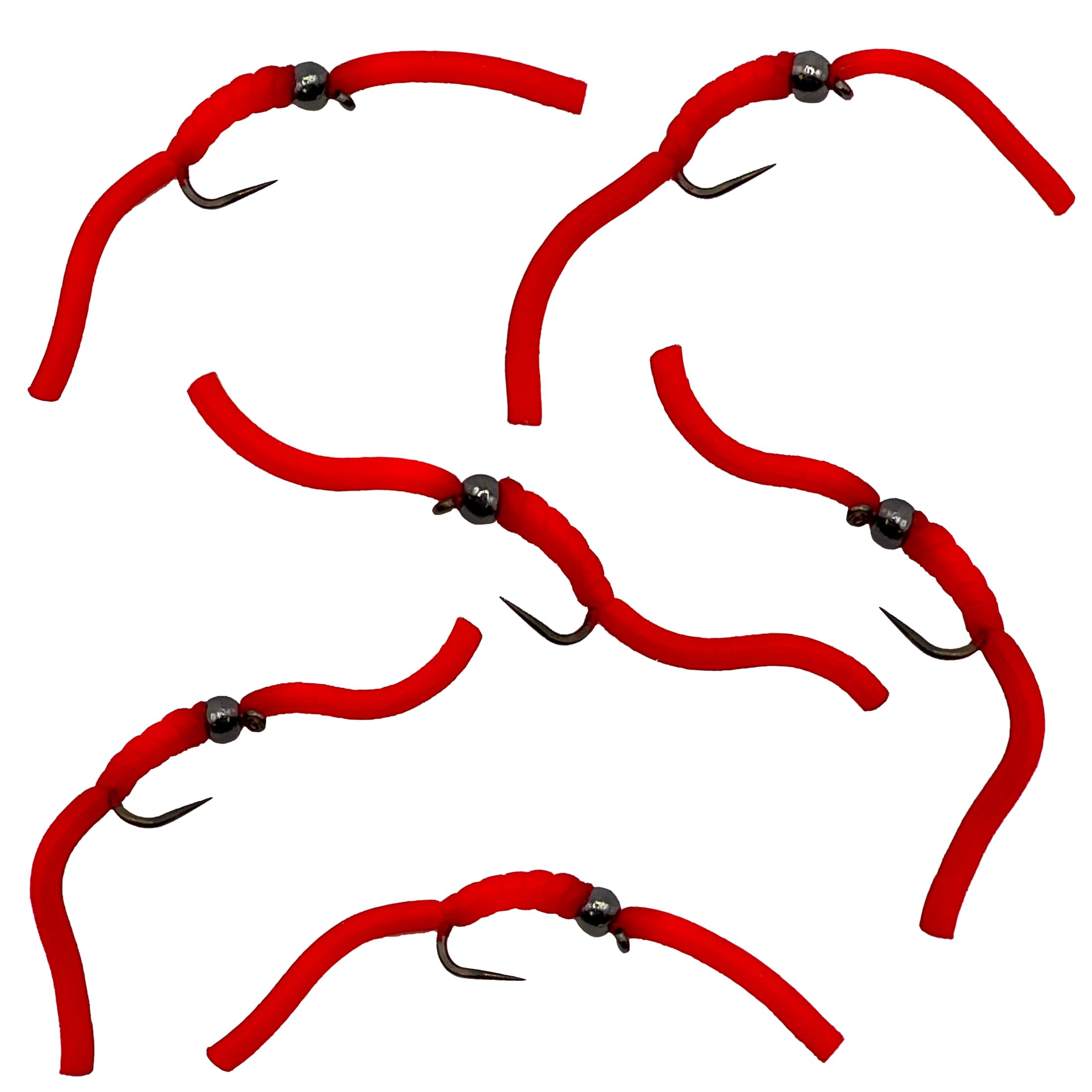 Thor Outdoor 6 Pc Squirmy Wormy Set, Red Size #14 - Barbless Wet Worm Fly Fishing Flies for Trout, Panfish, Bass