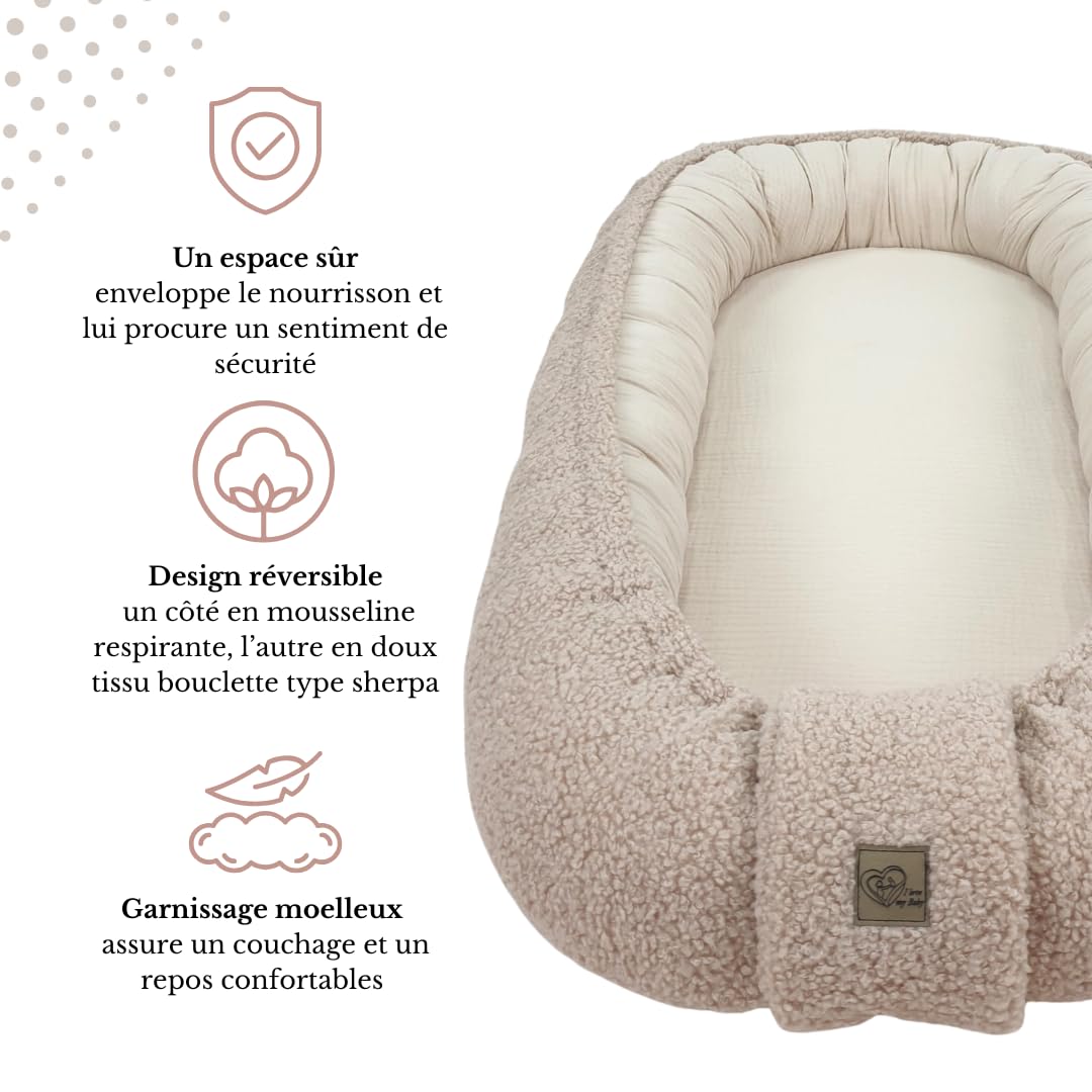 WIKLINOPOL Ensemble Babynest Beige – Baby Nest pour nouveau-né, nid & cocon avec coussin Teddy, couverture & doudou – Équipement bébé respirant en mousseline & peluche Teddy