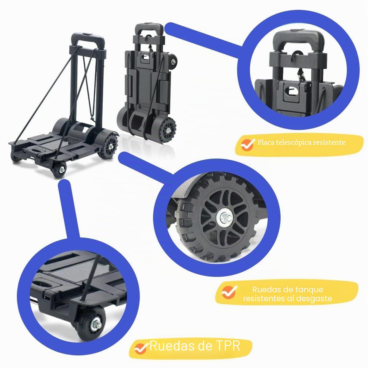 Carro de Mano Plegable, 142 Libras,65 kg Resistente 4 Ruedas portátil, Carrito de Viaje Ligero con cinturón de encuadernación para Compras, Camping, Transporte de artículos de Viaje, Color Negro