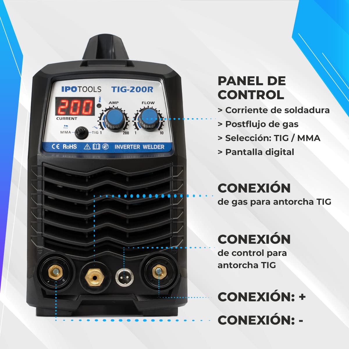 IPOTOOLS TIG-200R WIG - Máquina de soldar DC - TIG WIG 200 Amplificadores Inverter Digital Inverter Máquina de Soldar, Inversor con Pantalla Digital, Encendido RF, MMA, IGBT, 7 años de garantía
