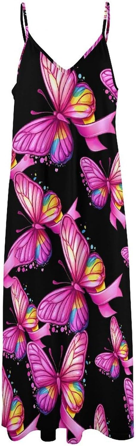 Rainbow Ribbon Breast Cancer Awareness Maxi Dresses for Women V Neck Long Dress Sundress Spaghetti Straps Beach Dress