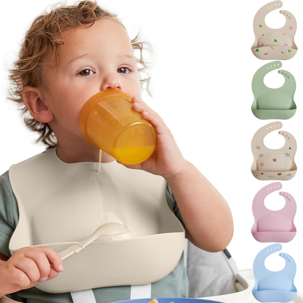 MIGHTY MONKEY BPA Free Waterproof Silicone Feeding Bib, Baby and Toddler Adjustable Food Catcher, Dishwasher Safe Bibs, Eating and Drinking Essentials for Boy, Girl, Drooling Teething Babies, Beige