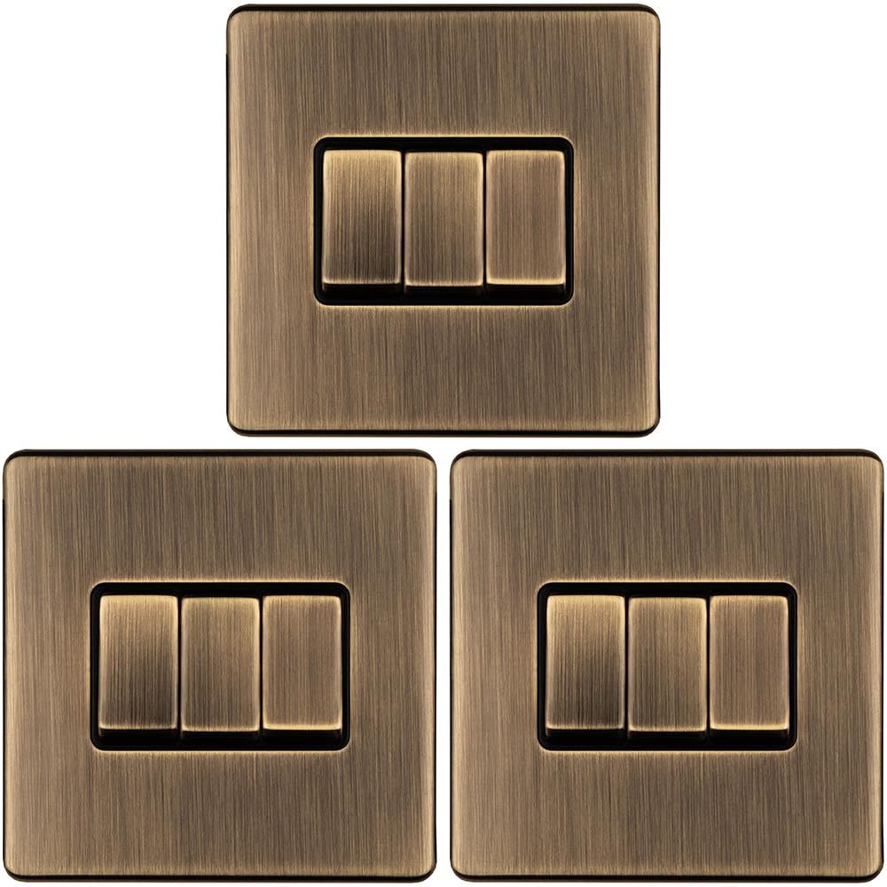 Dreifach-Lichtschalter, schraubenlos, antikes Messing, 2-Wege, 10 A, schmaler Wippschalter, dekorative Küche, Wohnzimmer, Schlafzimmer, 3 Stück