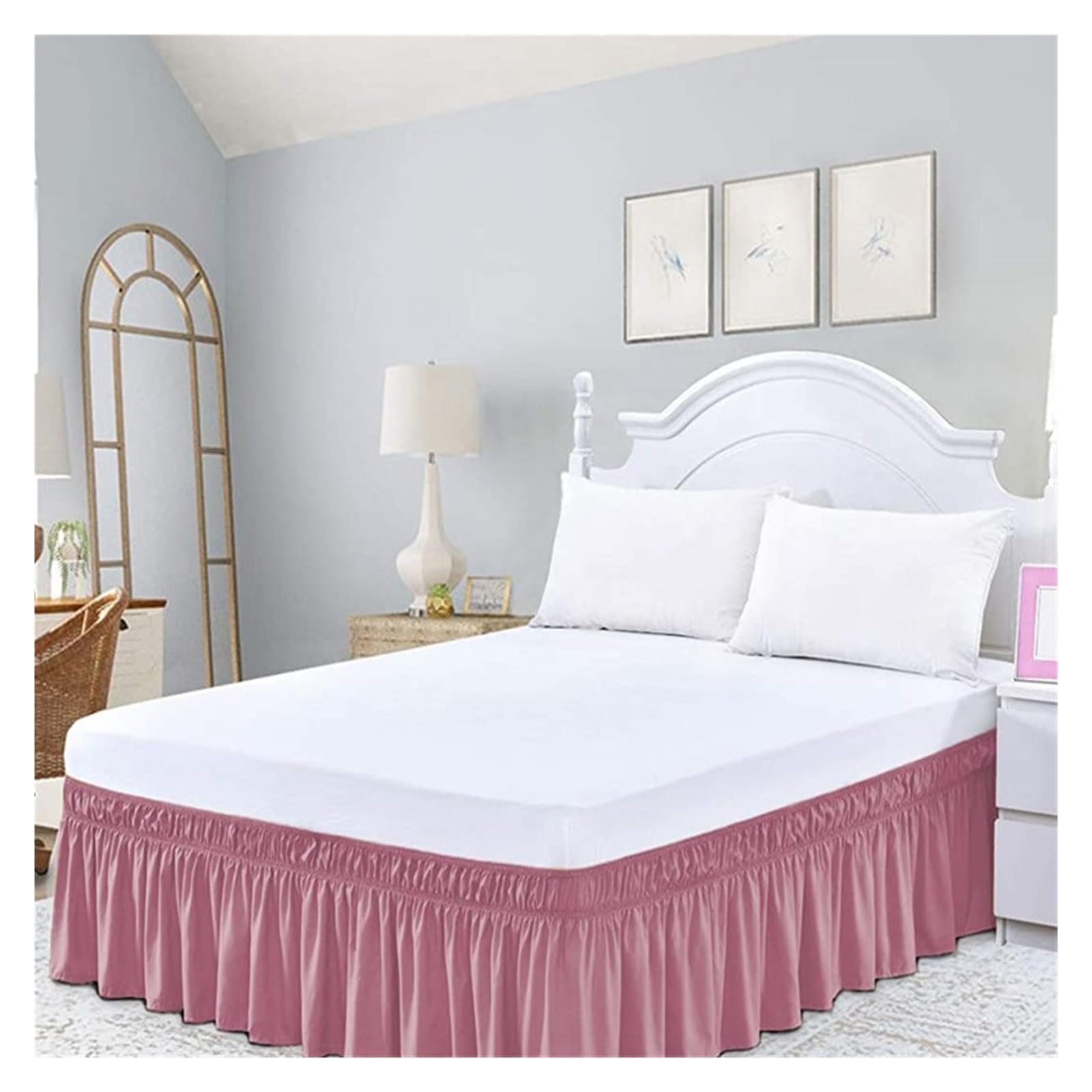 Solid Color Wrap Around Ruffled Bed Skirt with Strong Elastic -Fade Resistant Fabric 15 Inch High(Bean paste,Queen 150x200x38cm)