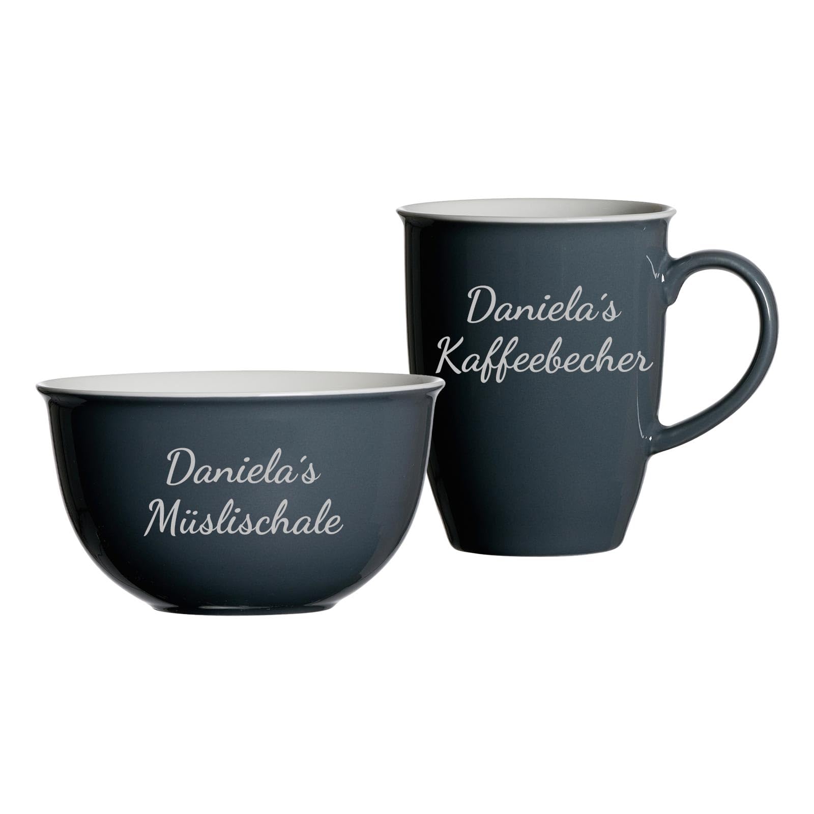 Frühstücks-Set Doppio mit personalisierter Gravur, Kaffeebecher (320 ml) und Müslischale (14 cm) mit 2-zeiligem Gravurbereich, Lasergravur in Silber, Porzellan, Anthrazit