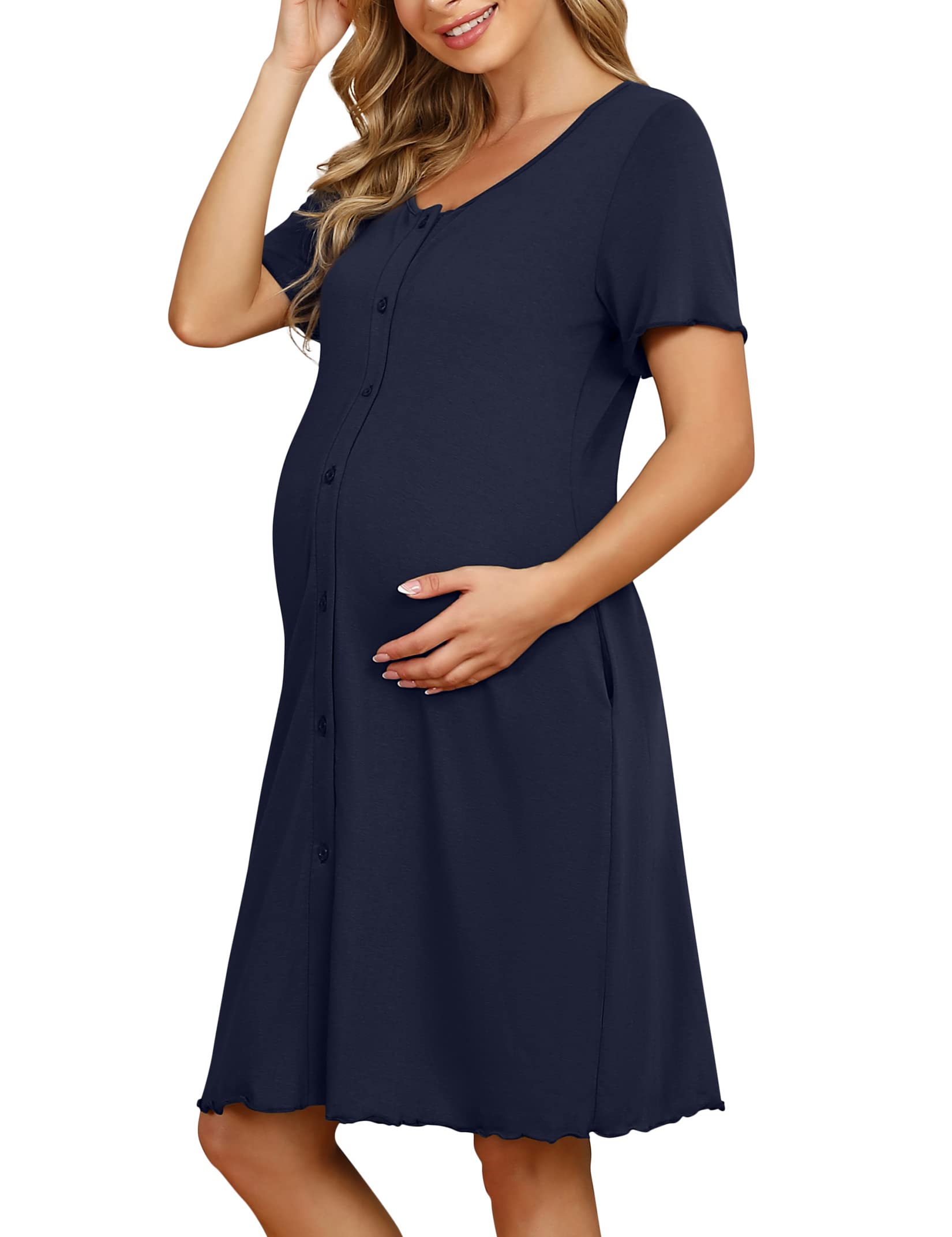 KOJOOIN Chemise de Nuit Naissance Femme d'allaitement Manches Courtes Vêtements de Nuit Coton de maternité avec Patte de Boutonnage sur Toute la Longueur Robe de Nuit