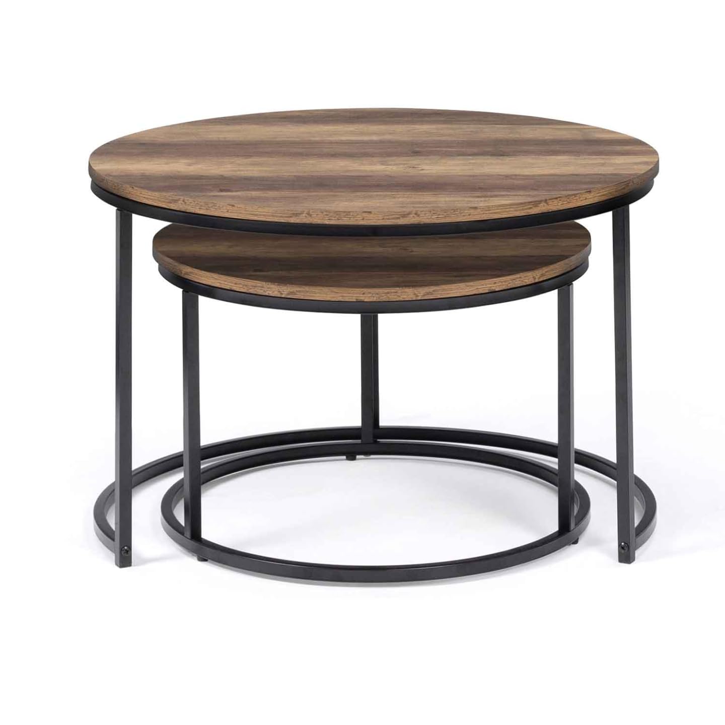 IDMarket - Lot de 2 Tables Basses gigognes Hawkins Rondes 54/70 Bois foncé Design Industriel