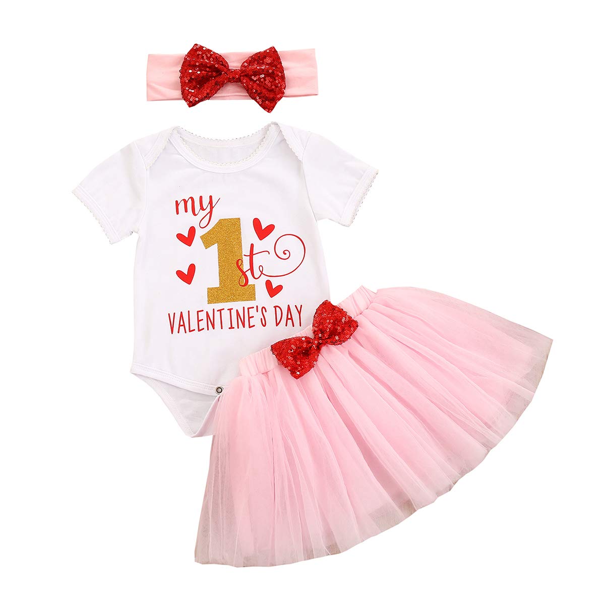 My First Valentine's Day Baby Girl Skirt Set Red Letter Print Romper + Tulle Tutu Skirt + Headband Clothing Set - Pink - 12-18 Months