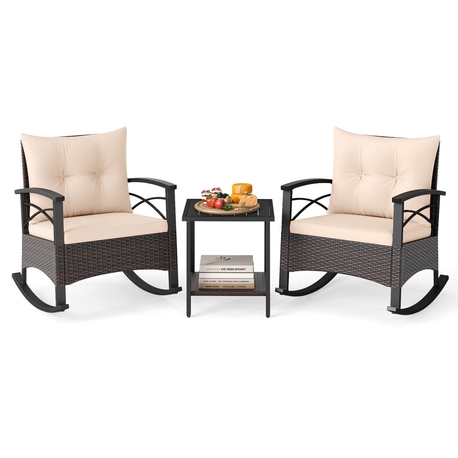 Tangkula 3 Pieces Wicker Outdoor Rocking Chairs Set