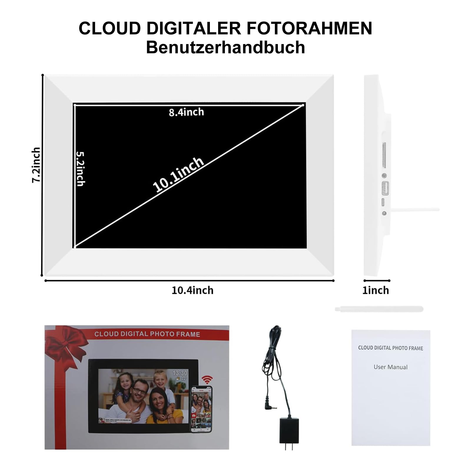 Frameo 10,1 Zoll Digitaler Bilderrahmen, Elektronischer Fotorahmen, WLAN-Digitaler Photo Frame, 32 GB Speicher, 1280x800 IPS-Display, Automatische Drehung, Wandmontierbar, Fotos/Videos teilen(Weiß)
