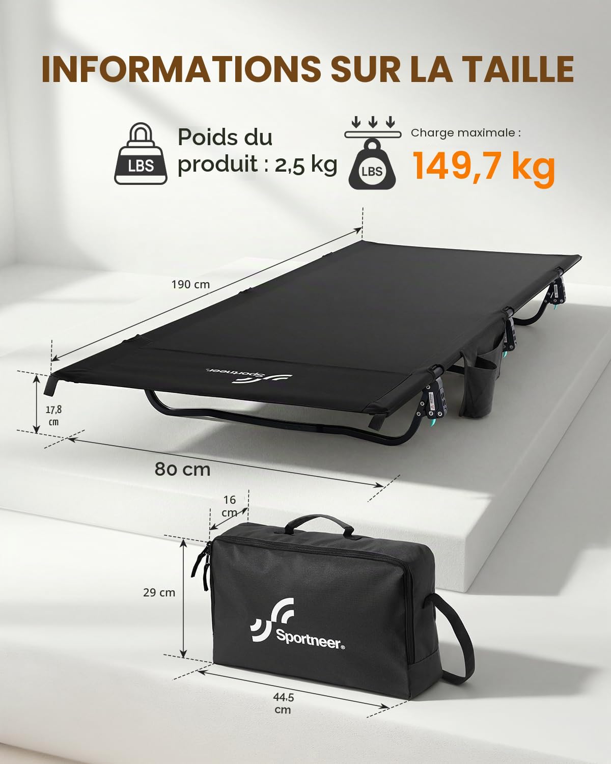 Sportneer Lit de Camping : lit de Couchage Compact Extra Large de 70/80 cm avec Poche latérale – Lit Pliant léger pour Le Camping, Les Voyages, la journée de la Tente, Sac de Transport Inclus