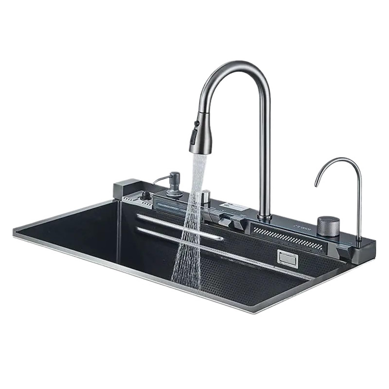 Fregadero De Cocina En Cascada Acero Inoxidable 304, Juego Grifería Con Pantalla Digital Integrada Ranura Única, Dispensador Jabón, Lavadora Tazas FáCil De Limpiar Y Mantener