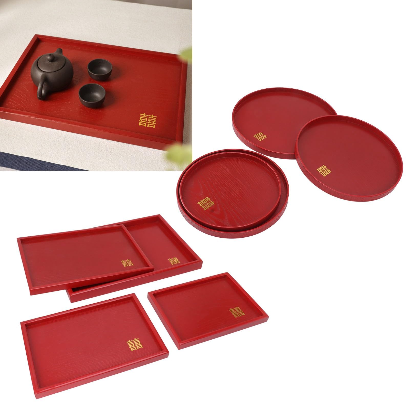 4 Piezas Bandeja China para Servir Bodas Plato Rojo Boda Té Café Plato para Aperitivos Plato de Postre de Madera Platos de Dulces para Despedida de Soltera Decoración de Fiesta de Boda(Redondo)