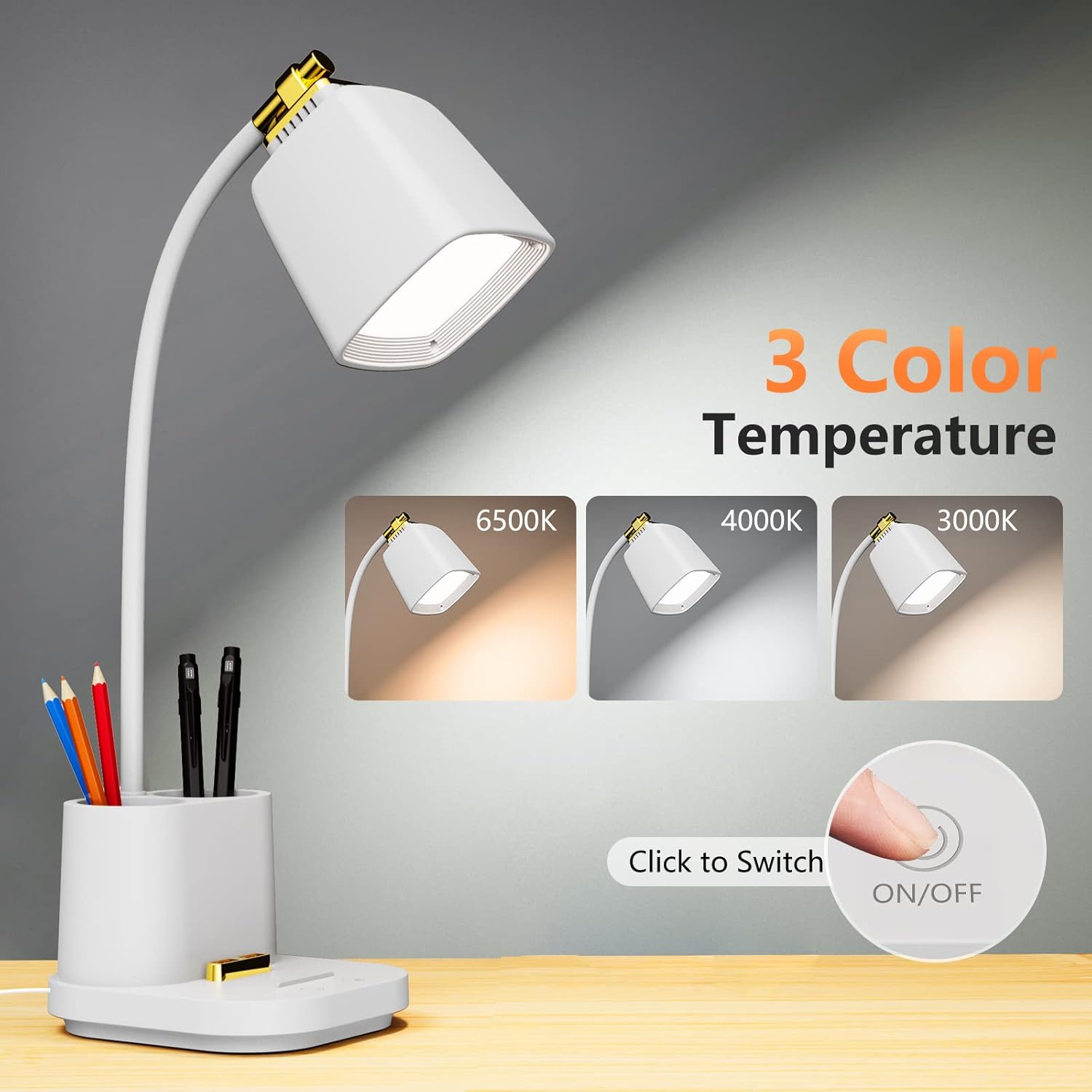led desk lamp with usb charging port touch control 3 color modes, stepless dimming,eye-caring led table lamp for home,office,bedroom,reading,work,study,gooseneck lamp, 5v, 2.4a white