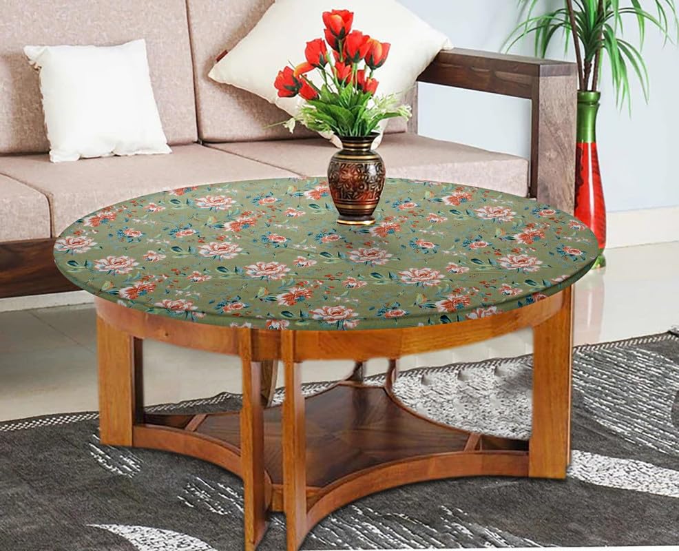 Image of The Furnishing Tree Elastic Cotton Round Center Table Cover 20x20 in Inches Floral Multicolor on Greenish Base