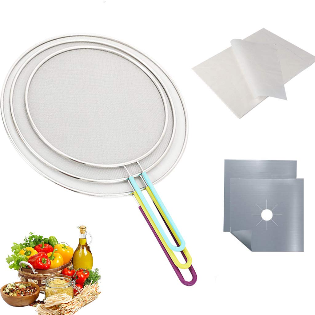 3-Piece Splatter Screen Set (10, 11.5, 13 Inch) With Silicone Handles - Stainless Steel Grease Guards & Burner Covers