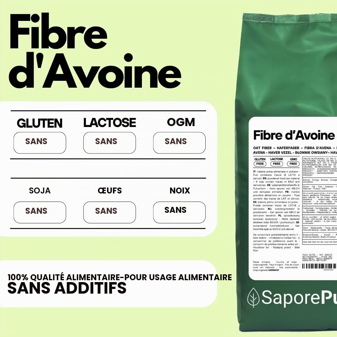 SaporePuro Fibre d'Avoine en poudre 1 kg - Sans Gluten - Source naturelle de fibres