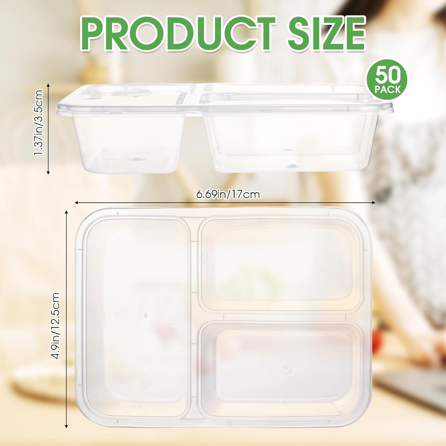Zhehao 50 Pack 17 oz Clear Snack Containers with Lids 3 Compartment Box Containers Bulk Plastic Bento Snack Boxes for Lunch Work Travel Sauce Dip Condiments