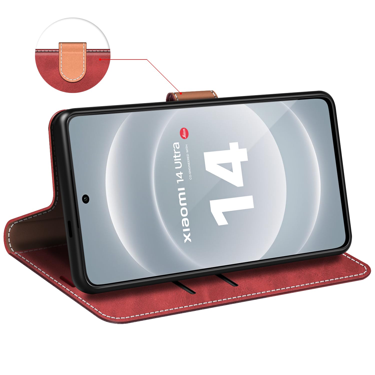 MOBESV Custodia per Xiaomi 14, Cover a Libro Magnetica Custodia in Pelle per Xiaomi 14, Elegante Rosso