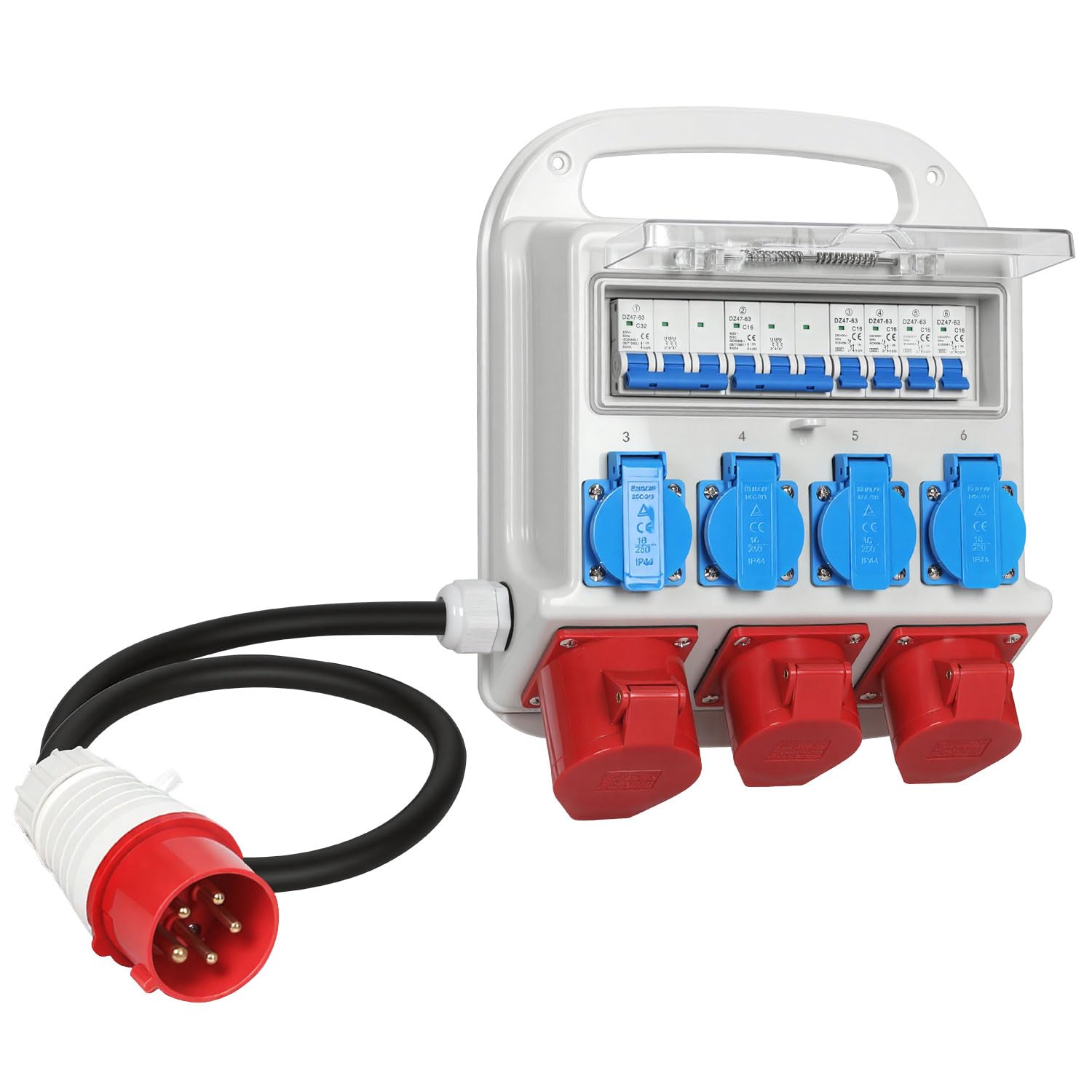 Herrselsam Distributore di corrente di costruzione, 2 x CEE 16 A 400 V + 1 x CEE 32 A 400 V + 4 x 230 V Schuko con cavo di alimentazione da 1,2 m con interruttore di protezione della linea, cantiere