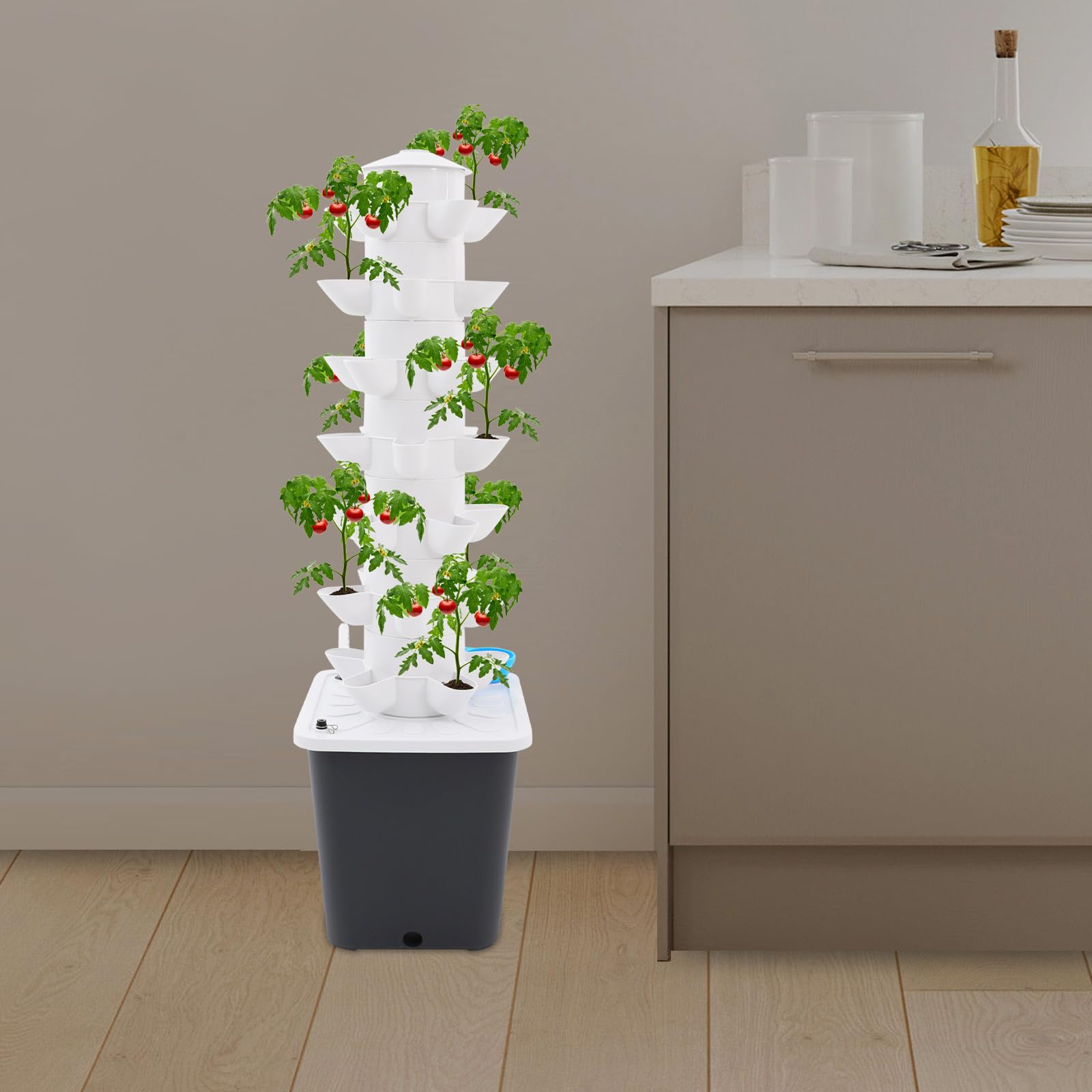 Torre idroponica a 7 piani con irrigazione automatica, 35 fori per piante vegetali/erbe 90-95%, risparmio d'acqua, design verticale salvaspazio per cucina, balcone e ufficio (bianco+grigio)