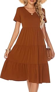 Women's Casual Summer Tiered Midi Dress 2025 Short Sleeve V-Neck Loose Cotton Ruffle Babydoll Dress Boho Sundress - Buy now