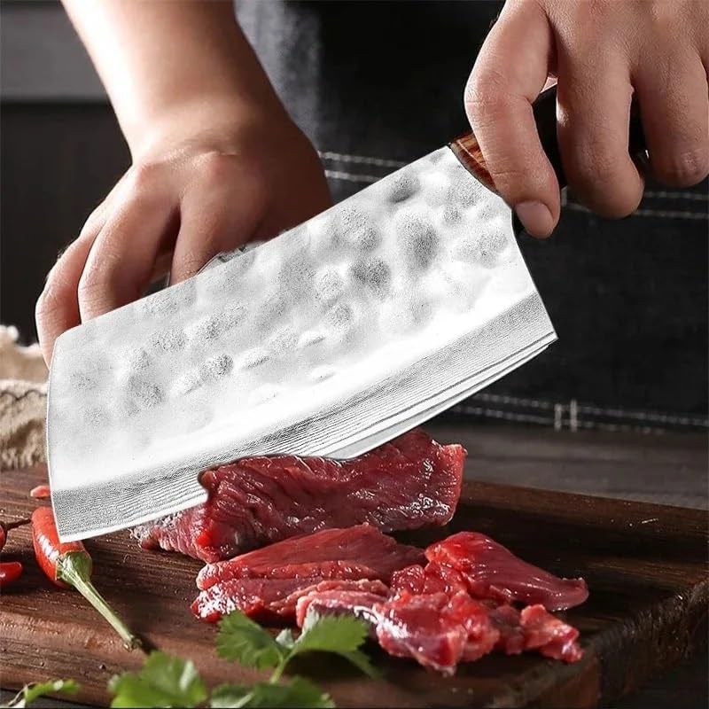 Meat Cleaver Knife, Forged Kitchen Chef Knife 9Cr18Mov Stainless Steel Meat Vegetables Slicing Knife Wide Blade Professional Butcher Cleaver Knife(2PCS)