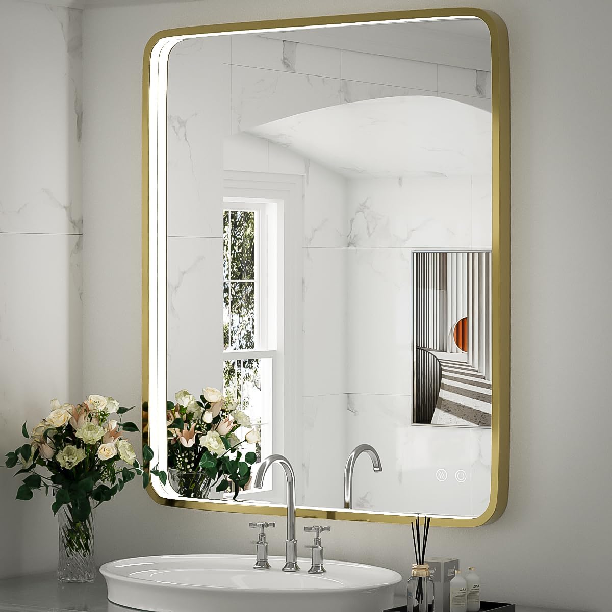 30x36 Inch LED Bathroom Mirror with Lights,Gold Metal Frame Wall Mounted Lighted Vanity Mirrors for Wall,Anti-Fog 3000K/4500K/6000K Dimmable Led Mirror,ETL Listed LED Driver
