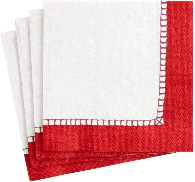 Caspari Linen Border Paper Cocktail Napkins in Natural - Four Packs of 20