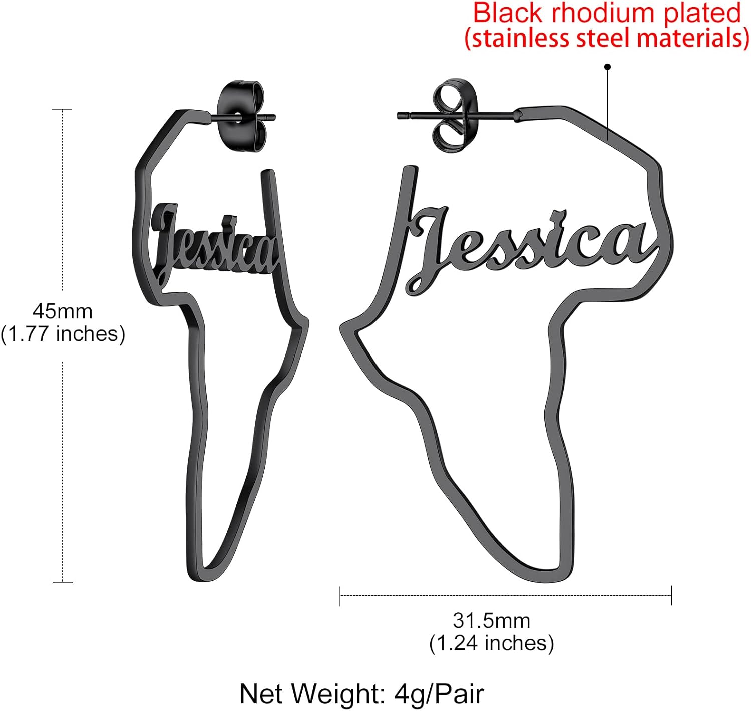 GoldChic Jewelry African Earrings for Women, Gold Africa Map Earring with Custom Name, Platinum/Black Minimalist Ethnic Style Dangle Drop Statement Ear Jewelry with Gift Box