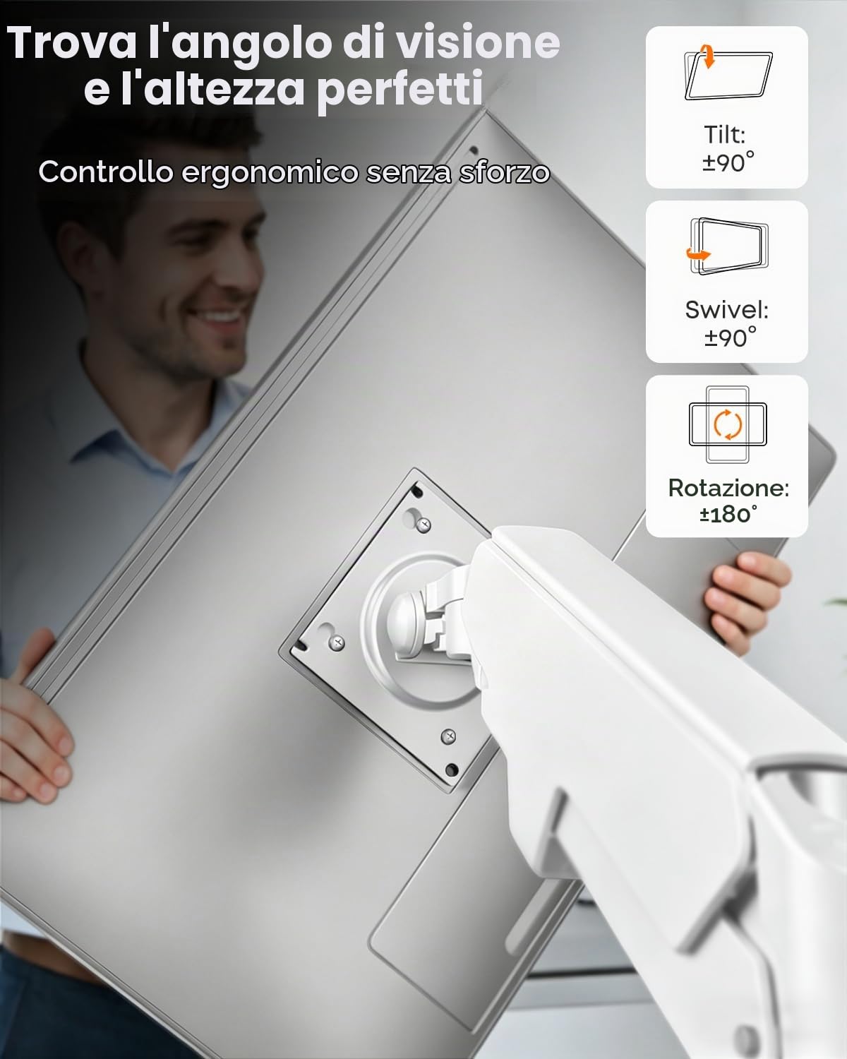 Supporto per monitor piatto e curvo da 17 – 49 pollici, robusto supporto per monitor a molla a gas regolabile in altezza con inclinazioni, maggiore capacità di carico di 2 – 20 kg,VESA White