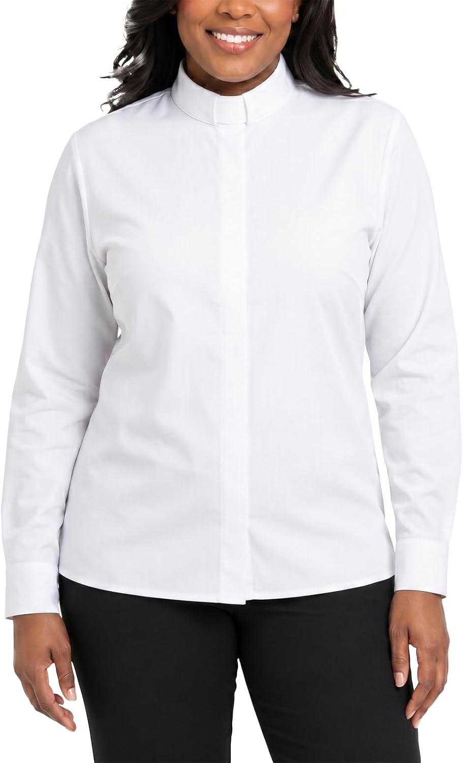 Women's Tab Collar Clergy Blouse Long Sleeve Hidden Button Front Clerical Shirt for Pastor Priest Minister Church