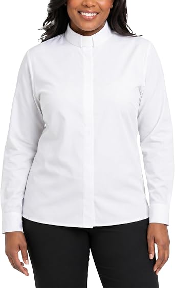 Womens Tab Collar Clergy Blouse Long Sleeve Hidden Button Front Clerical Shirt for Pastor Priest Minister Church