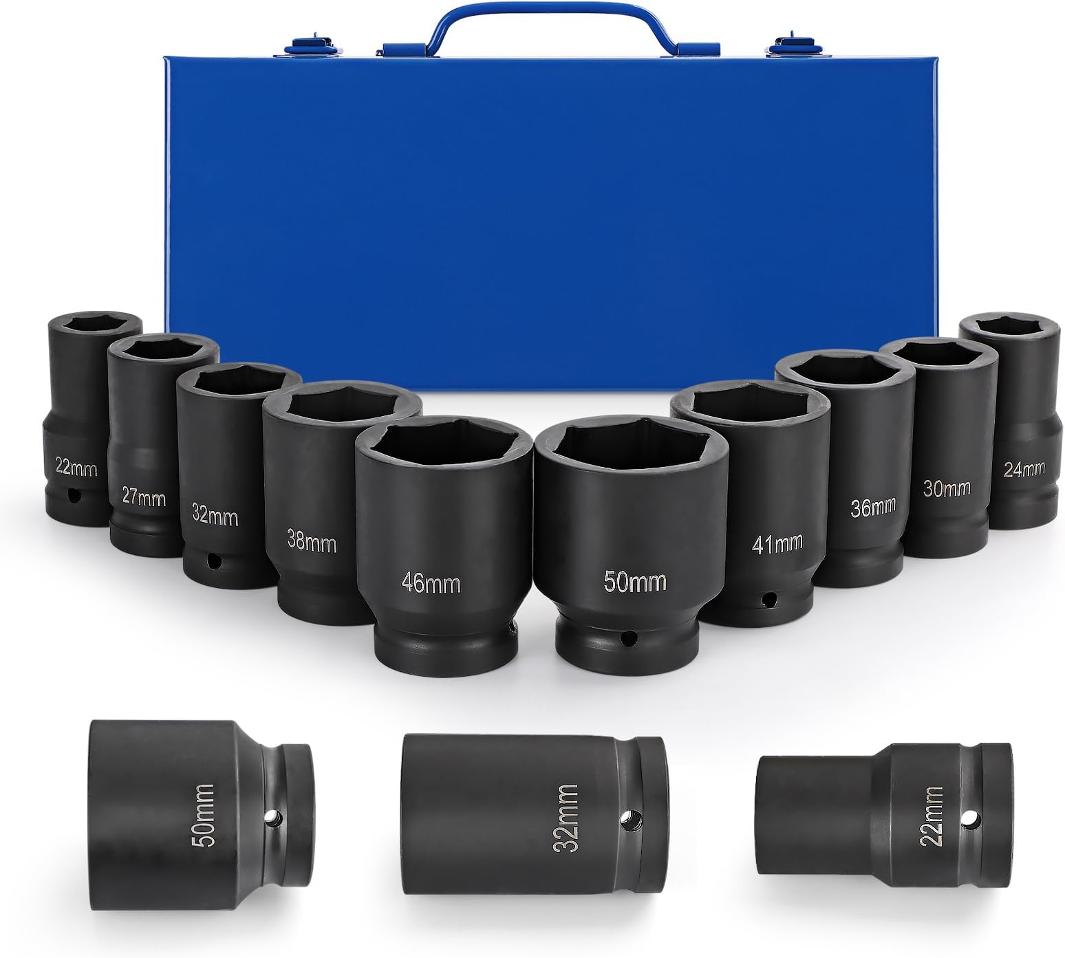 Trintion 10Pcs Impact Socket Set 1 Inch Metric Large Socket Set 22mm to 50mm Deep Wrench Sockets Drive Shaft Auto Car Tool Set with Plastic Storage Box for Vehicles Maintenance