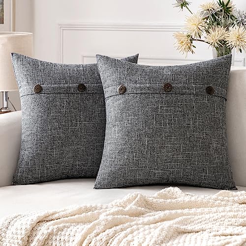 ANRODUO Set of 2 Linen Throw Pillow Covers Triple Button Burlap Solid Cushion Cover Decorative Vintage Farmhouse Modern Concise Pillowcase for Couch Sofa Bed Car 20 x 20 Inch 50 x 50 cm Dark Grey