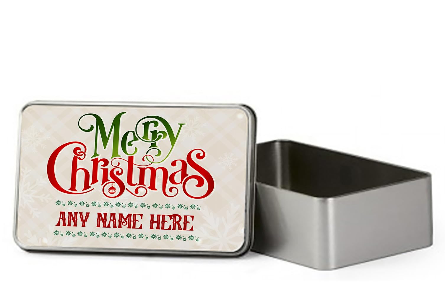 Personalised Merry Christmas With Name, festive Xmas Gift, Present for Christmas Eve, Portable Metal Tin Box, Storage Box. (Rectangular)