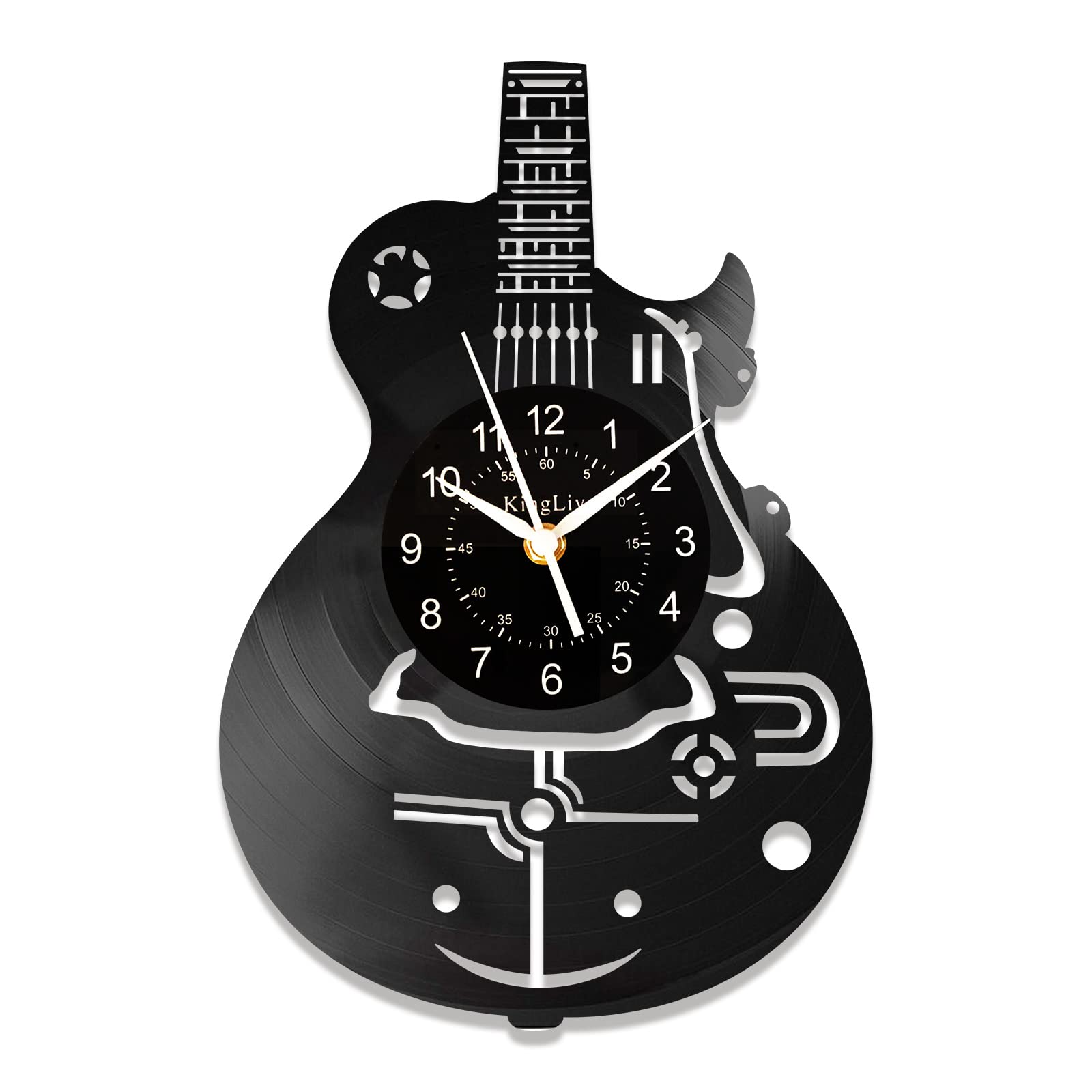 KingLive Guitar Wall Clock, 12 Inch Music Vinyl Records Wall Clock, Black Guitar Cool Clock, Rock Guitar Room Decoration, Music Gift for Guitar Lovers