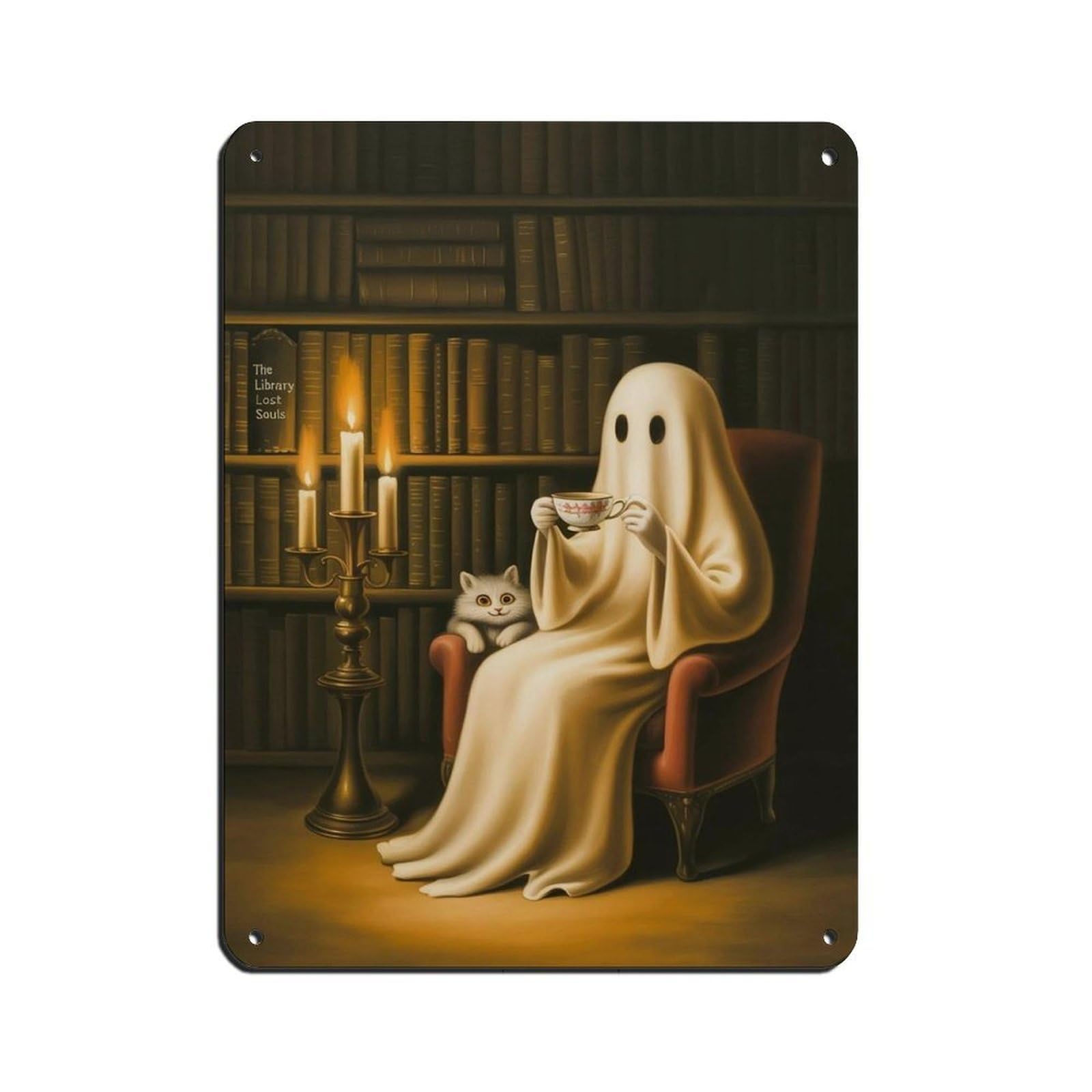 Ghost with Cat Drinking Coffee in Library Poster Retro Poster Metal Tin Sign Chic Art Retro Iron Painting Bar People Cave Cafe Family Garage Poster Wall Decoration 12x16inch(30x40cm)