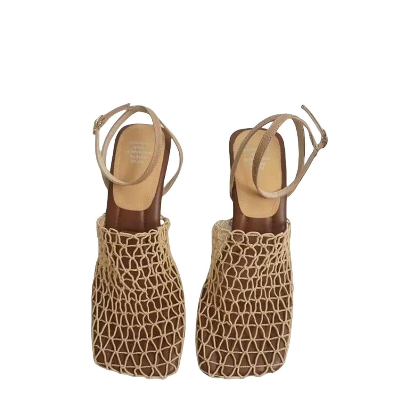 Sandały dla kobiet Letni Projektant Damskie Koronkowe Siatki Plac Toe Shallow Wąski Pasek Braided Slip-On Wysokie Obcasy Sandały-Ariot-40