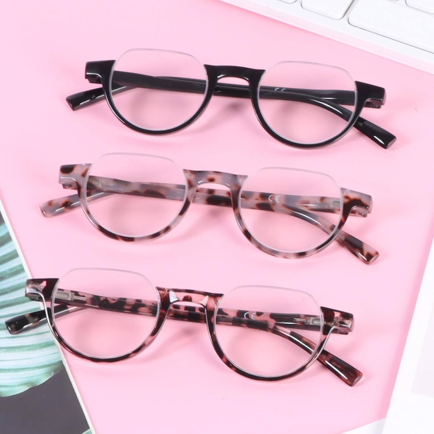 DXYXYO 3 Pack Half Moon Reading Glasses for Women, Stylish Blue Light Blocking Computer Readers with Spring Hinge