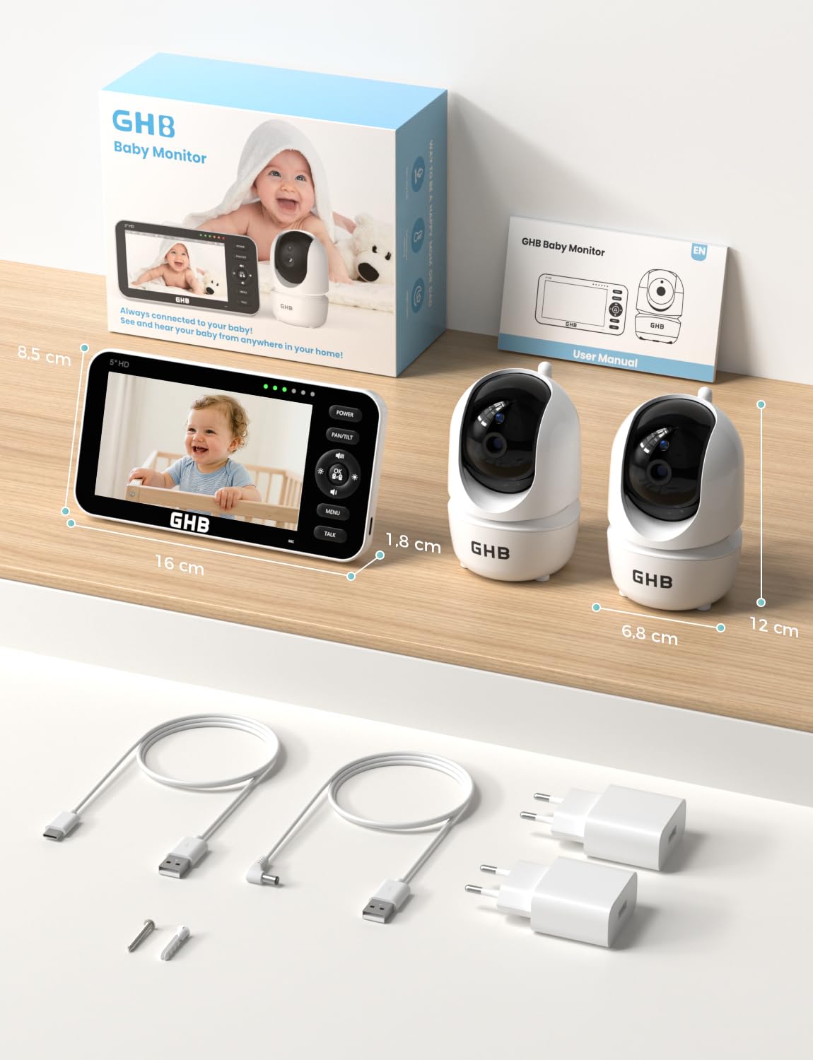 GHB Babyphone mit 2 Kameras 5 Zoll 720P HD Display mit bis zu 168h Akkulaufzeit im VOX Schlafmodus Split-Screen-Anzeige Nachtsicht 4X Zoom Schwenkbar