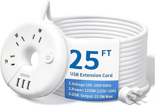 NTONPOWER Cable de extensión extralargo de 25 pies, regleta de alimentación de enchufe plano con puertos USB, estación de carga de escritorio de 3