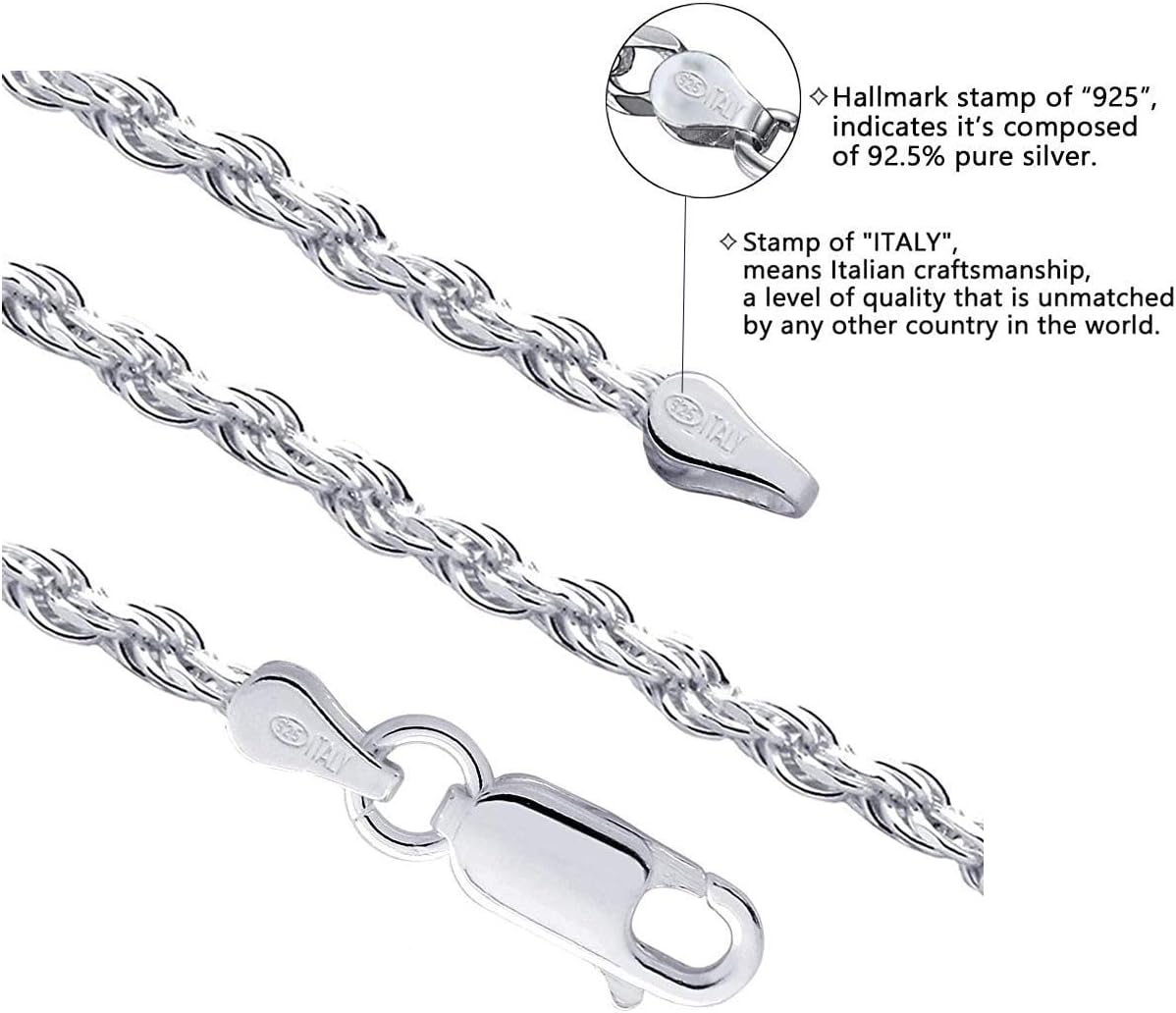 Savlano 925 Sterling Silver 7.5mm Solid Italian Rope Diamond Cut Twist Link Chain Necklace With Gift Box For Men & Women - Made in Italy - Image 2
