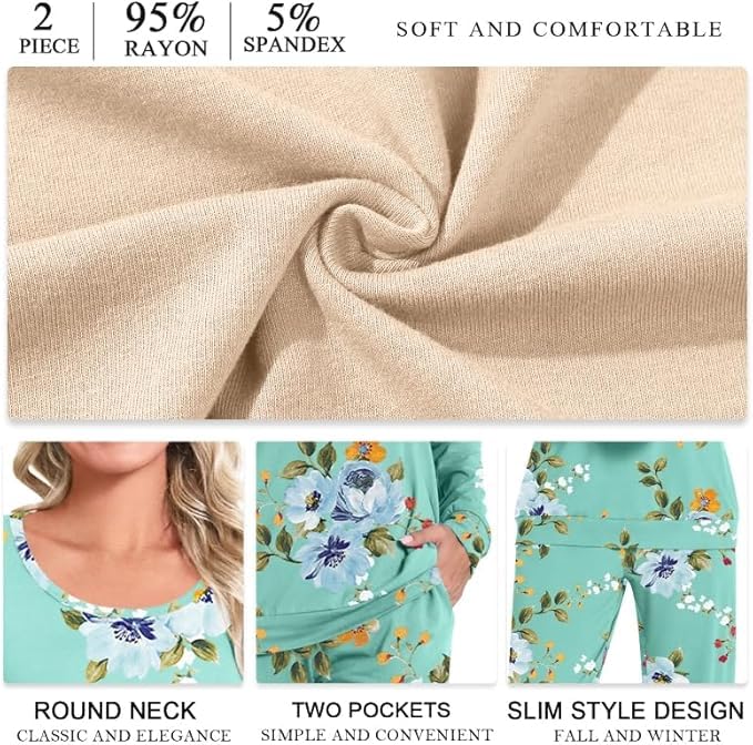 HOTGIFT Womens Pajamas Sets, 2 Piece Lounge Pjs Set Long Sleeve Long Pant Ladies Sleepwear with Pockets Soft