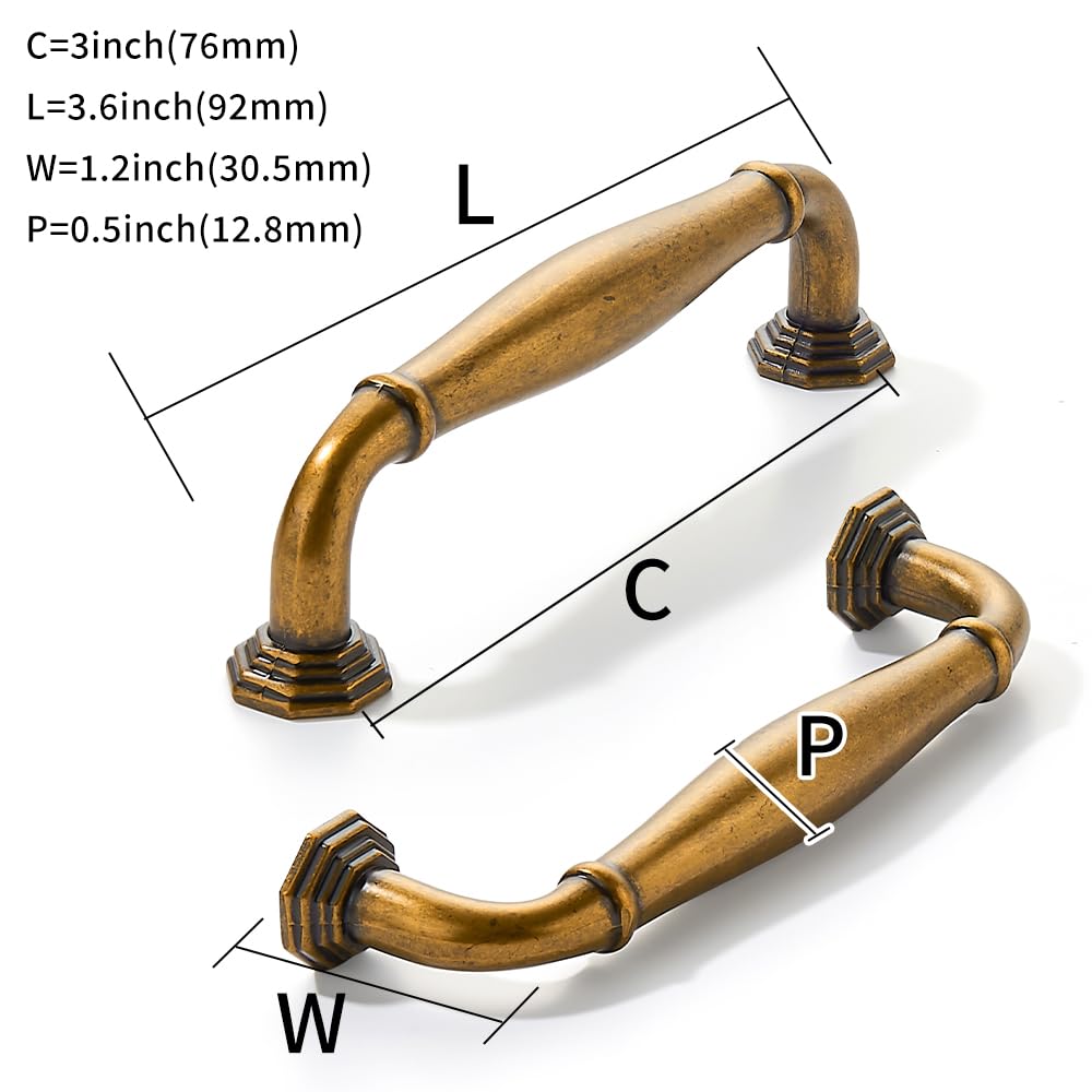 KHTUMEWARE-80324 Antique Brass Cabinet Pulls CTC 3 in (76 mm) 10-Pack in Antique Brass — KHTUMEWARE