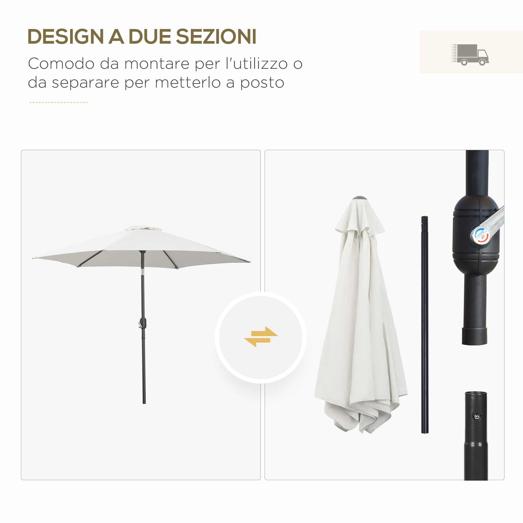 Outsunny Ombrellone da Giardino Ø2.6x2.35 m Inclinabile con Manovella, Ombrellone da Esterno a 6 Stecche in Alluminio, Metallo e Poliestere 180g/㎡, Crema